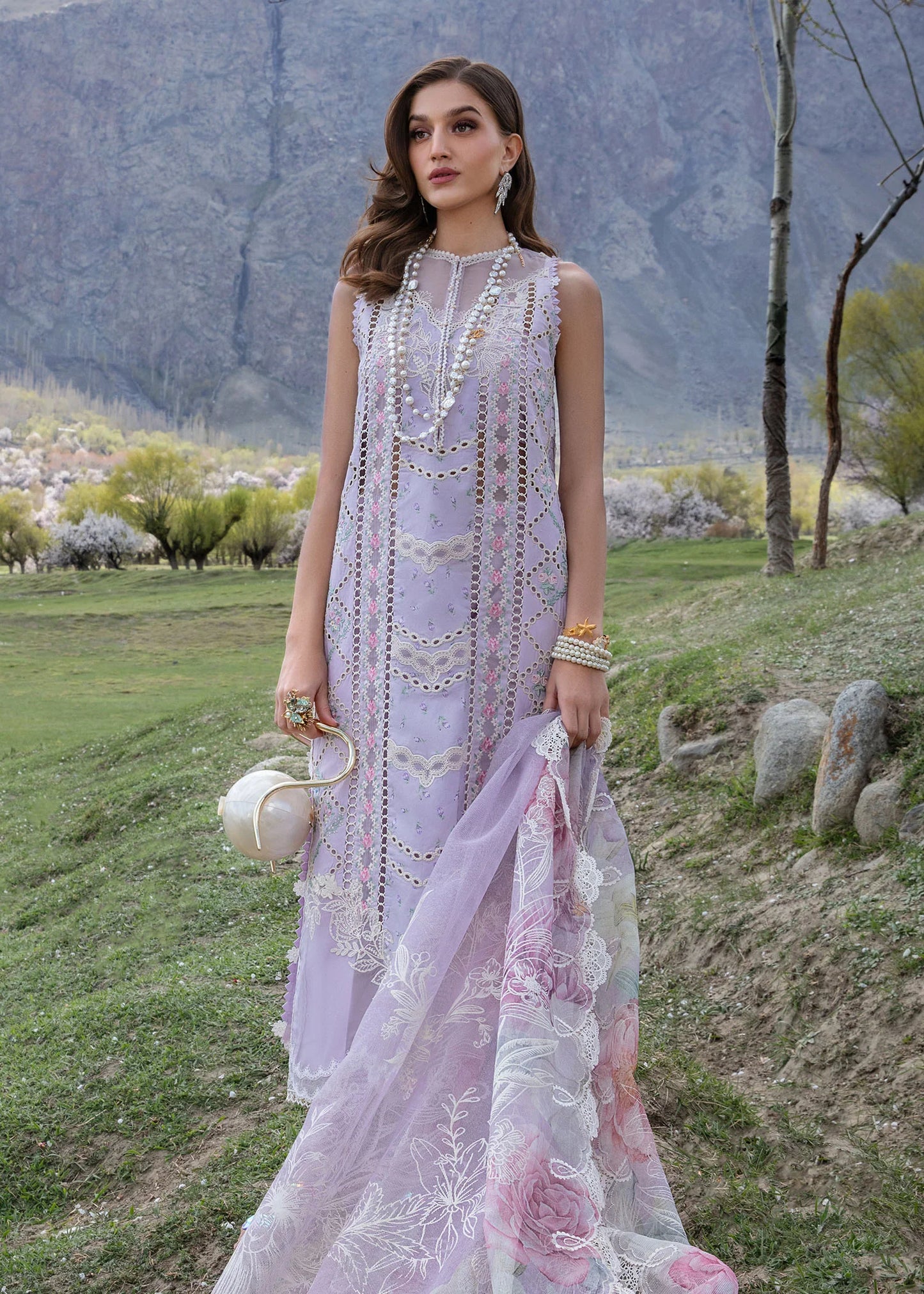Crimson | Embroidered Lawn | A Floral Mesh - Lavender