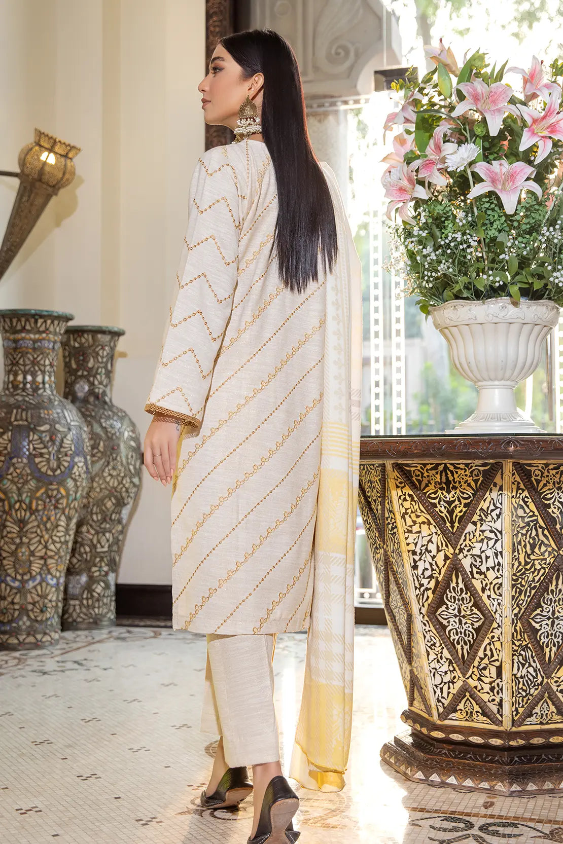 3 Piece – Luxury Embroidered Slub Zari Peach – 404