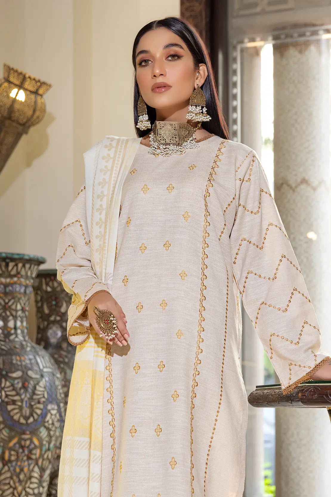 3 Piece – Luxury Embroidered Slub Zari Peach – 404