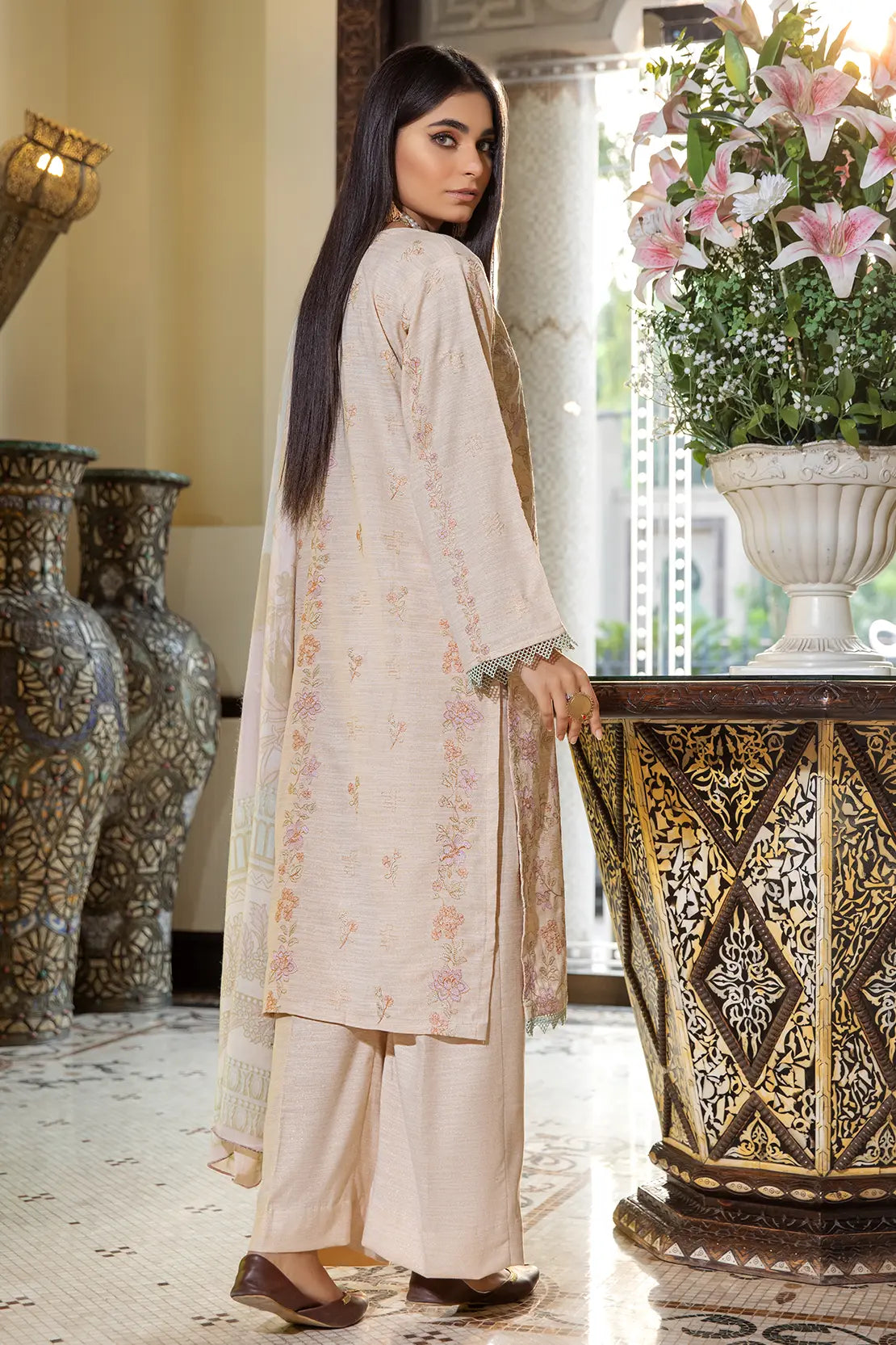 3 Piece – Luxury Embroidered Slub Zari Peach – 402