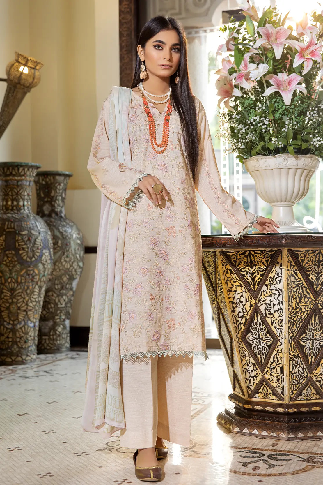 3 Piece – Luxury Embroidered Slub Zari Peach – 402