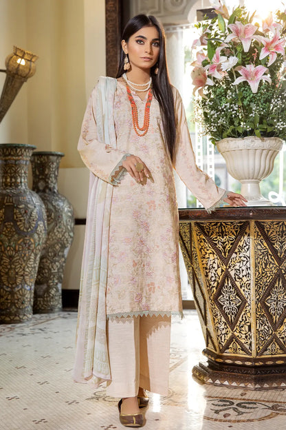 3 Piece – Luxury Embroidered Slub Zari Peach – 402
