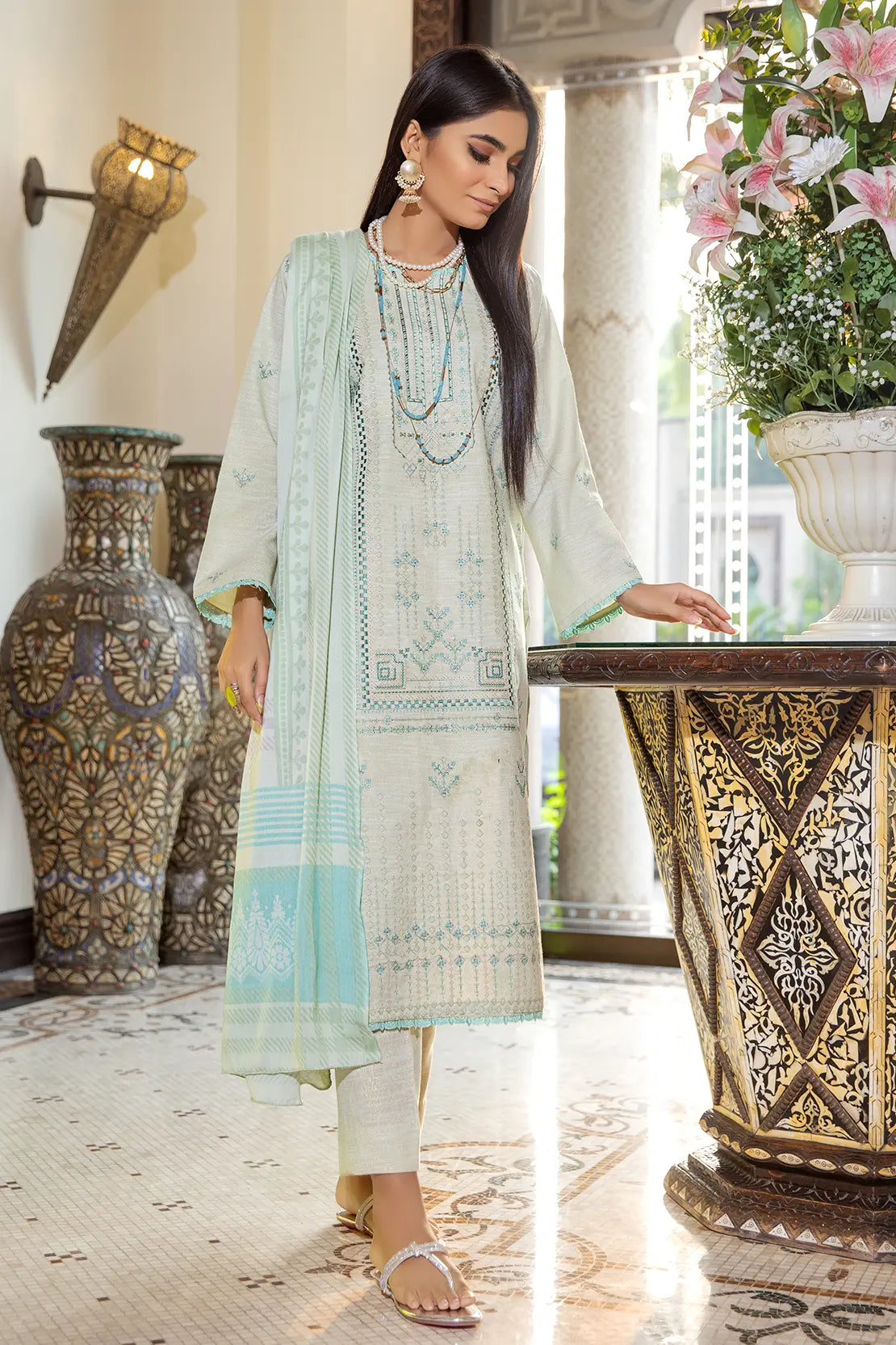 3 Piece – Luxury Embroidered Slub Zari Peach – 403