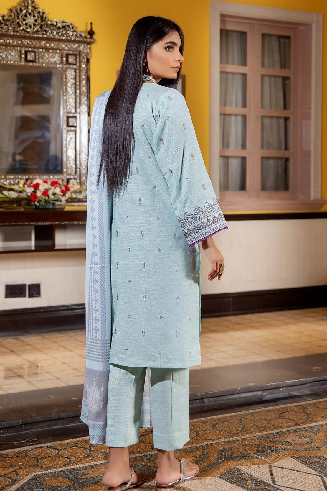 3 Piece – Luxury Embroidered Slub Zari Peach – 405