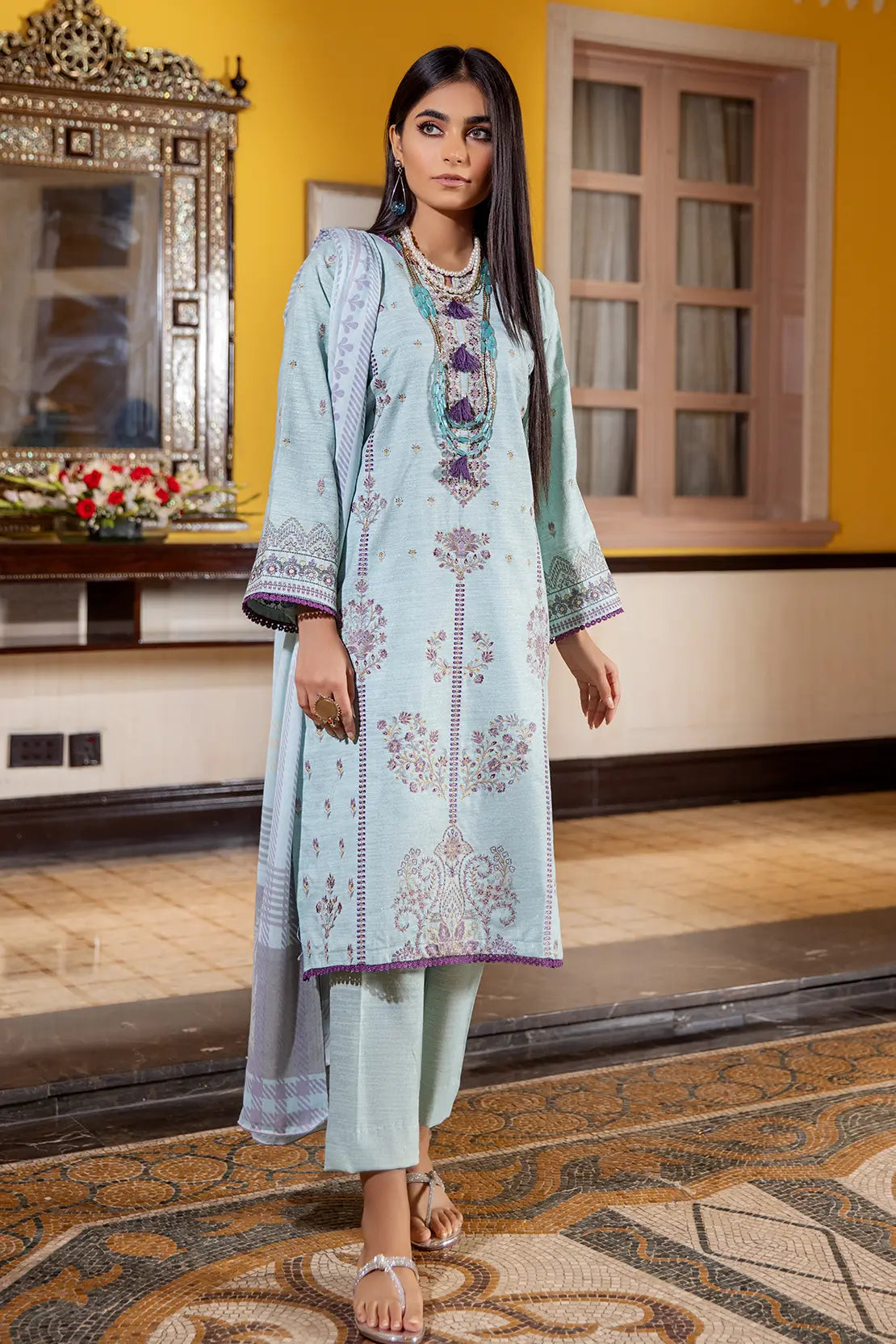 3 Piece – Luxury Embroidered Slub Zari Peach – 405