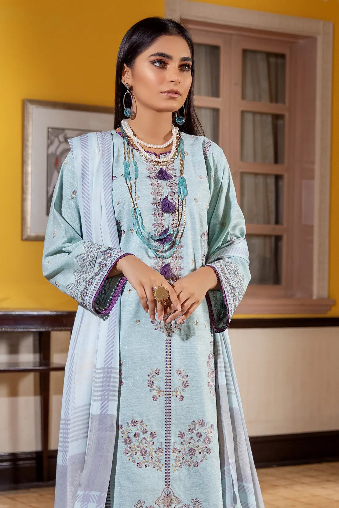3 Piece – Luxury Embroidered Slub Zari Peach – 405