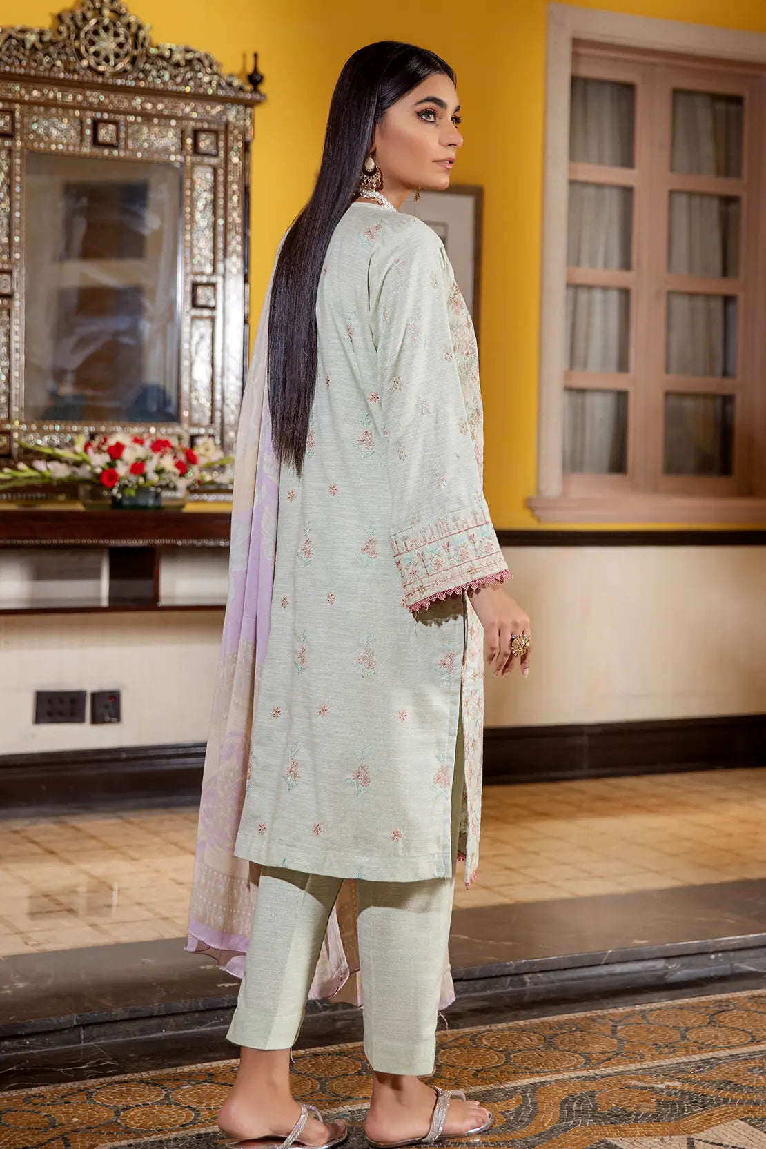 3 Piece – Luxury Embroidered Slub Zari Peach – 407