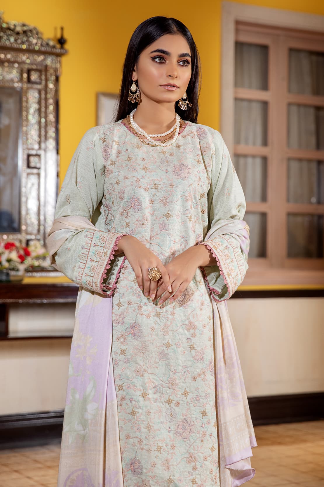 3 Piece – Luxury Embroidered Slub Zari Peach – 407