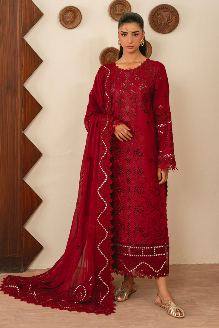 Leena 3 Piece Embroidered Lawn Suit (SMC-209 A Deep Red)