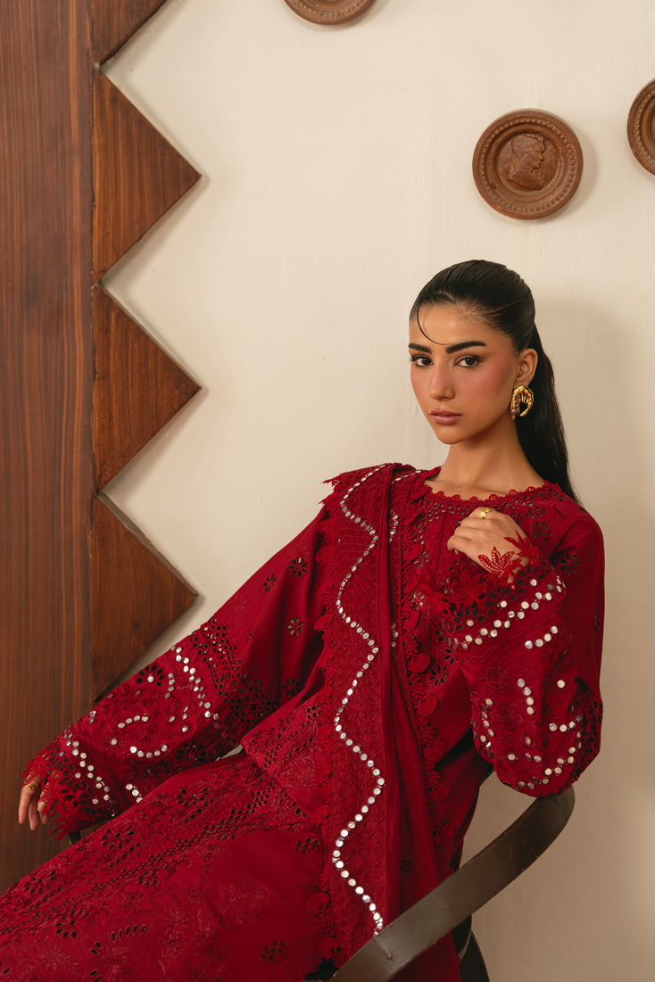 Leena 3 Piece Embroidered Lawn Suit (SMC-209 A Deep Red)