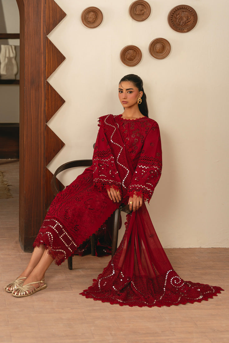 Leena 3 Piece Embroidered Lawn Suit (SMC-209 A Deep Red)