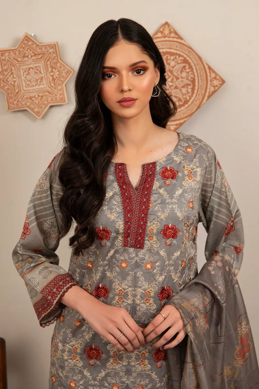 3 Piece - Embroidered Luxury Lawn - 7434