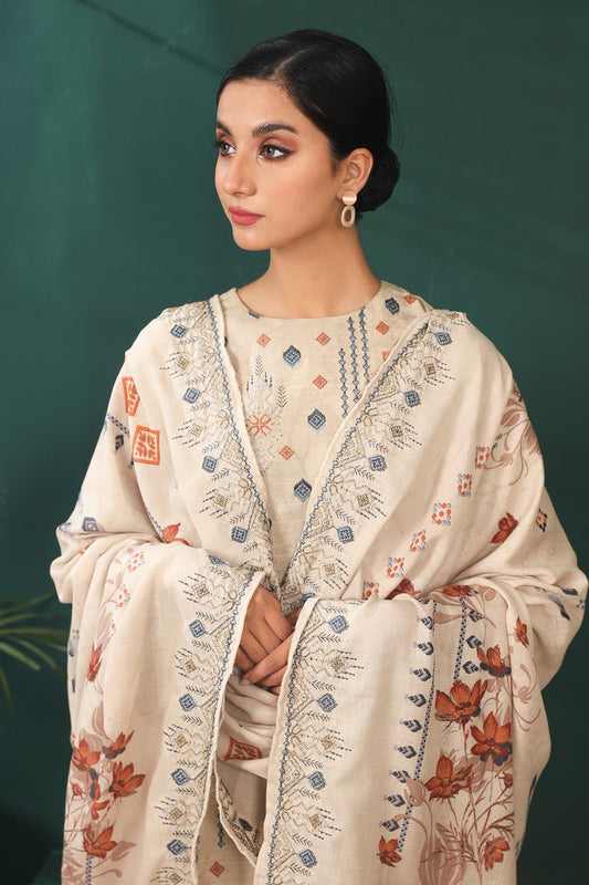 3 Piece - Premium Embroidered Khaddar - 8386