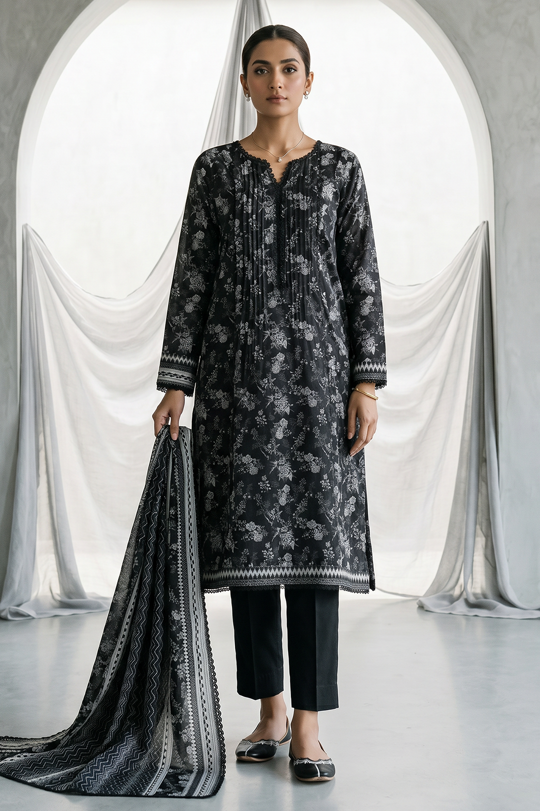Zellbury | Monochrome 3 Pc Lawn | 1080