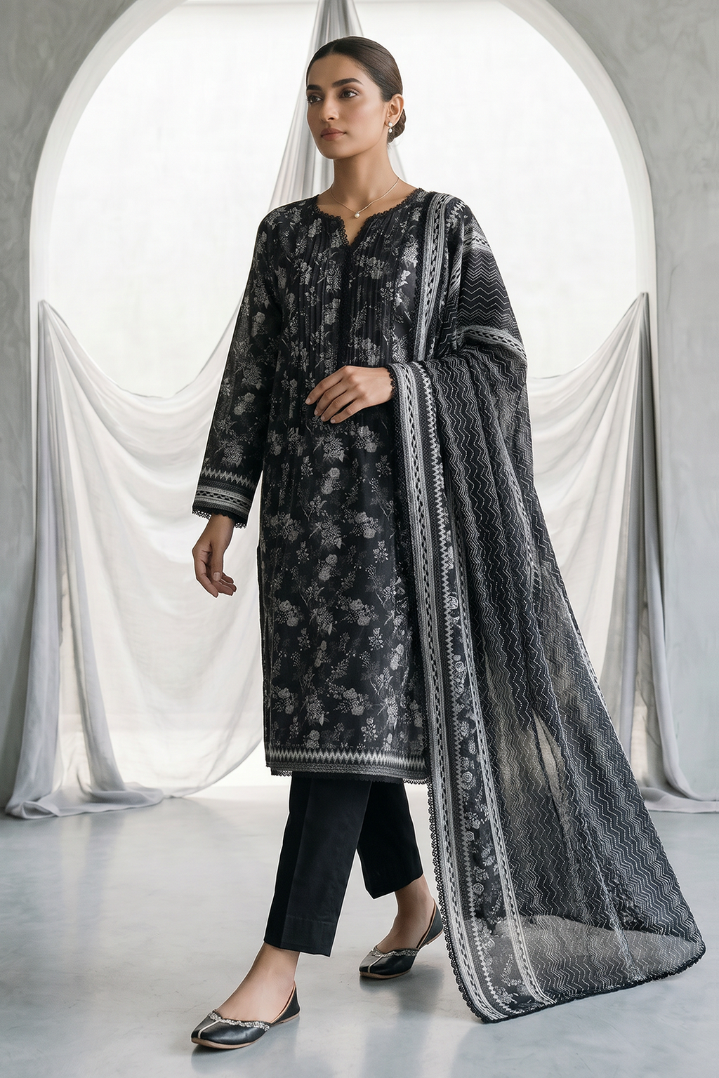 Zellbury | Monochrome 3 Pc Lawn | 1080