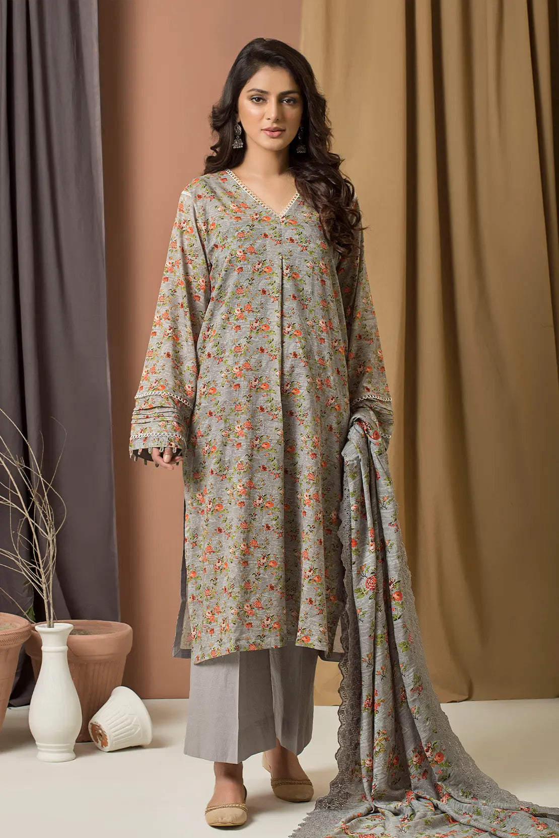 3 Piece - Printed Lawn with Embroidered Dupatta - 7687